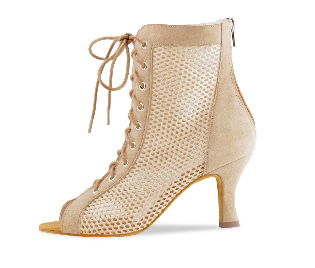 Bottines à danse ouverte en superbe daim beige en aspect maille avec fermeture éclair par Anna Kern.