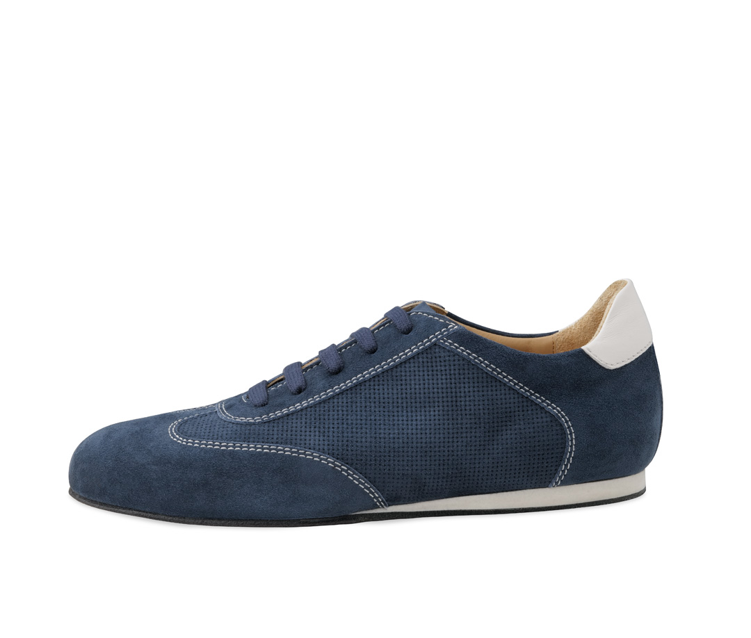 Chaussure de danse pour homme en daim denim bleu avec une semelle de danse sur toute la longueur et une semelle intérieure amovible. Merveilleusement légère et maniable.