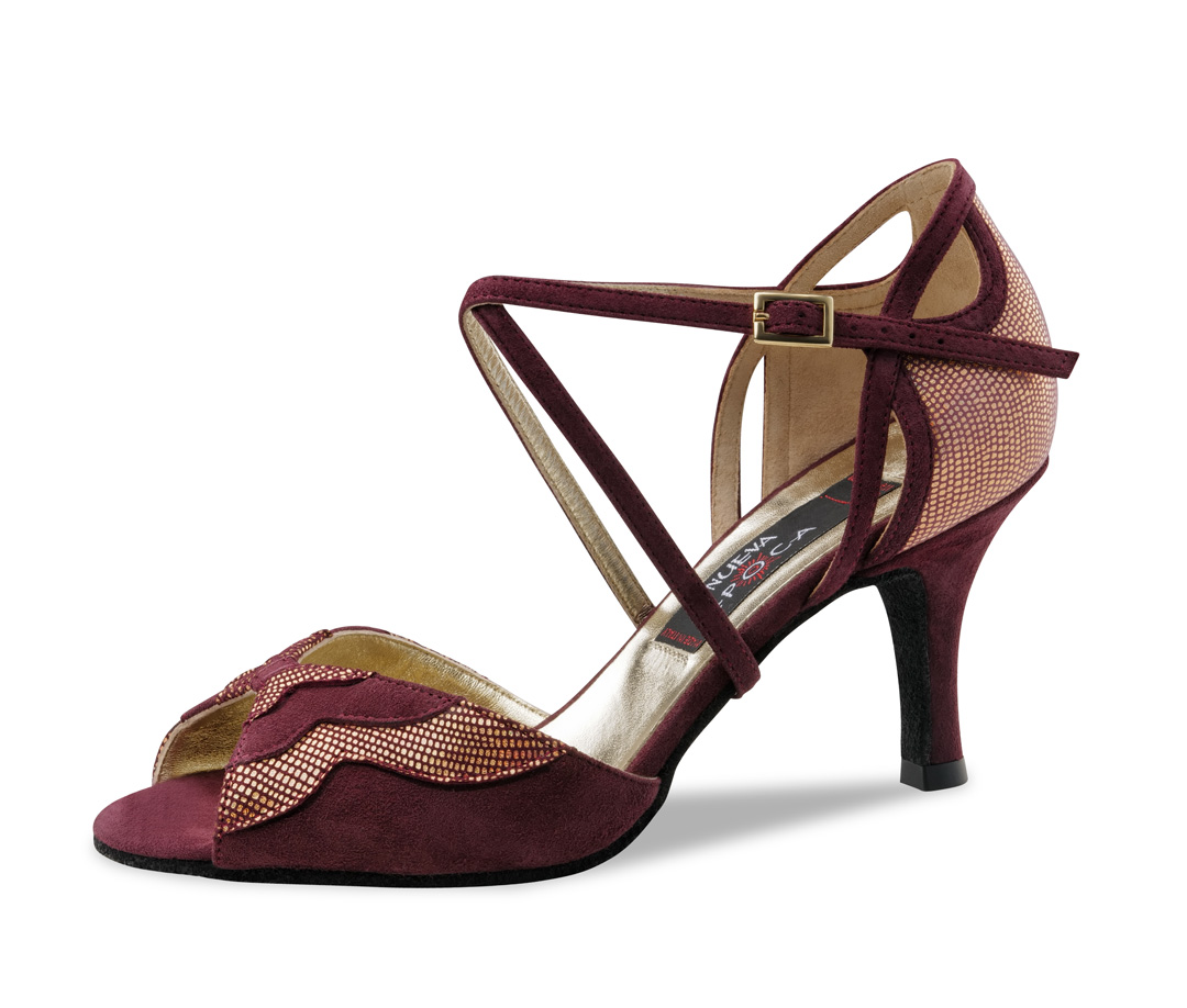 Nueva Epoca Tanzschuh Catalina mit 6 cm Absatz in einer traumhaften Kombination von bordeauxfarbenem Velourleder und rosegoldenem bedrucktem Leder.